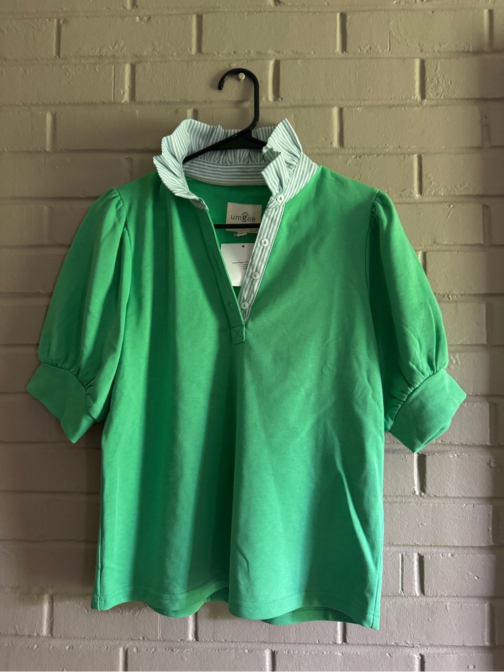 Umgee Bright Green Puff Sleeve Top with Striped Ruffle Collar